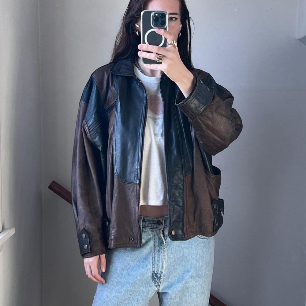 Vintage Leather Jacket Brown Black Two Tone Unique Oversized Bomber 90s Baggy - Picture 9 of 9